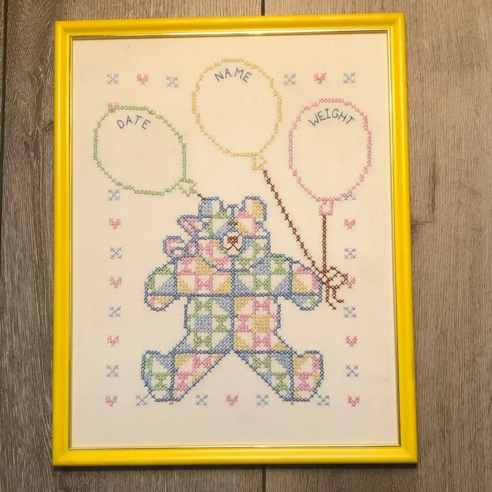 Patchwork Birth Announcement  Pastel Patchwork Teddy Cross-Stitch Framed